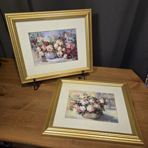 (2) Vtg Art Prints Pink Roses In Vase Penny Dermand Framed Gold 11.5 X 9.5 - Picture 1 of 7